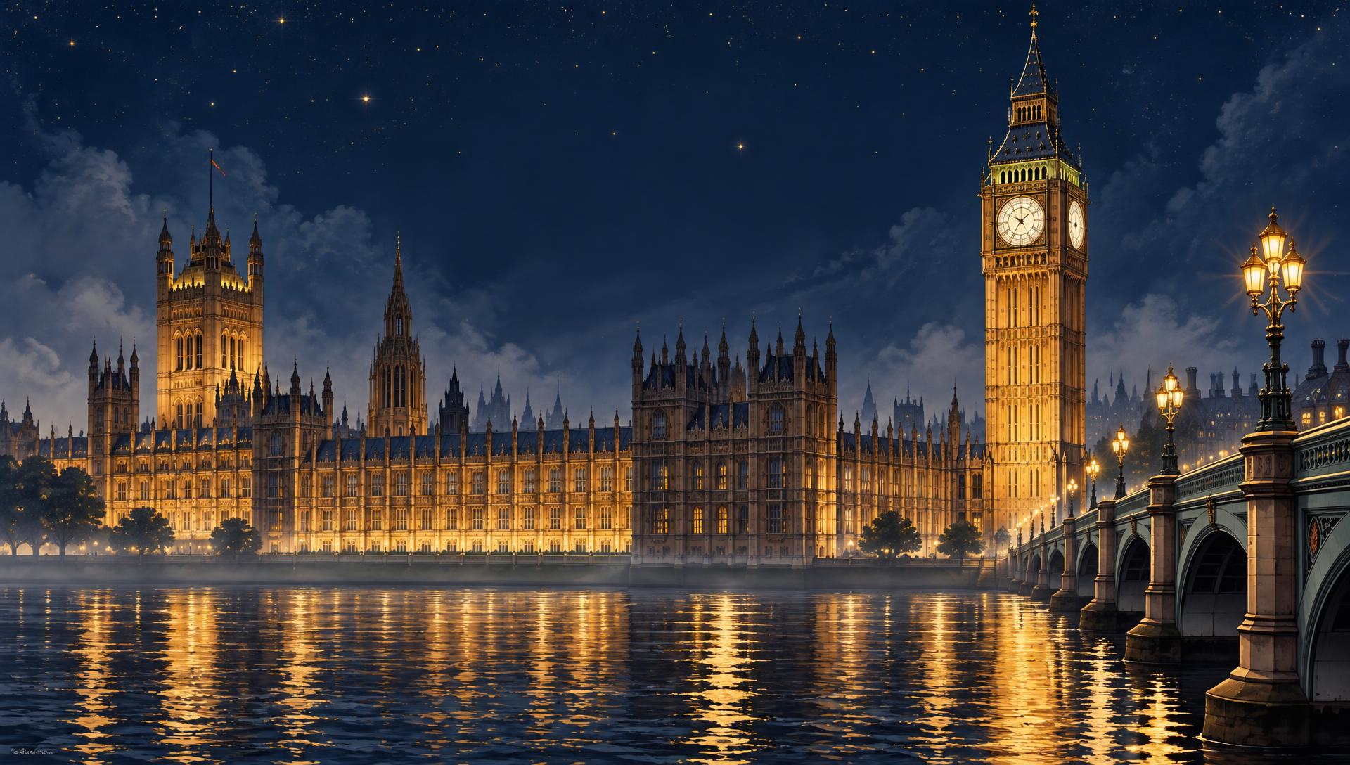 Big Ben illuminated against a midnight sky